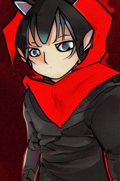 Prompt: little boy with cat ears in an black outfit with red cape. digital artwork made by lois van baarle and kentaro miura, sharpness focus, inspired by hirohiko araki, anatomically correct, heroic composition, hero pose, smooth, teen titan artstyle