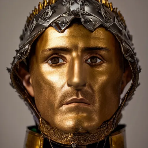 Image similar to richard iv the roman king photo, real human, soft studio lighting, 6 0 mm lens in full armor, cashmere hairs, golden crown