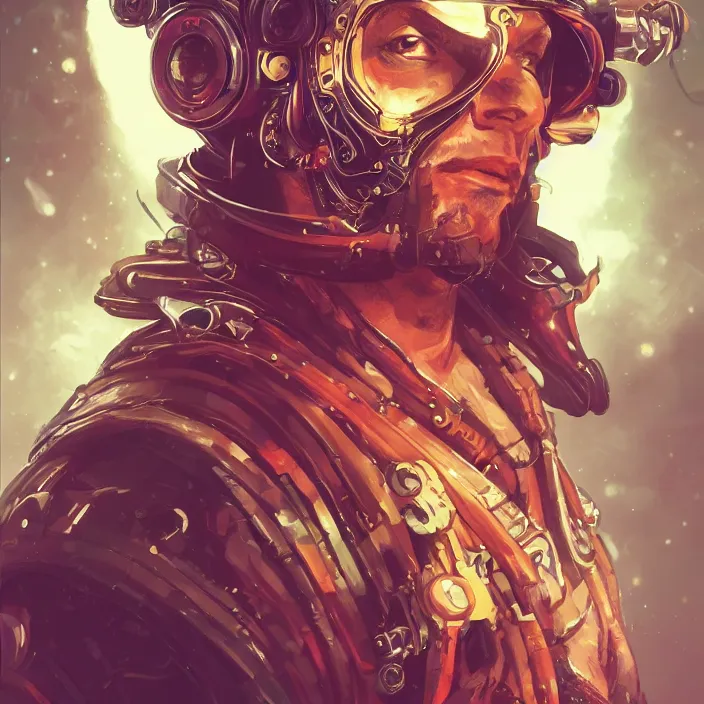 Image similar to a head and shoulders portrait of a space pirate, neon, retro, steampunk, smooth, sharp focus, intricate, artstation, detailed concept art by Rutkowski and Mucha and sky sewa and Darwin Cellis