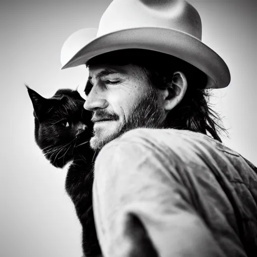 Image similar to close - up photograph of a cowboy holding a cat, black and white, detailed, 8 k, grain, dramatic backlighting