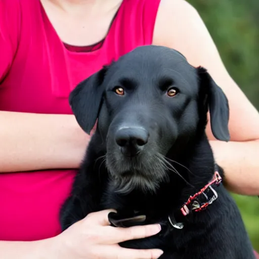 Image similar to a black dog holding a small woman