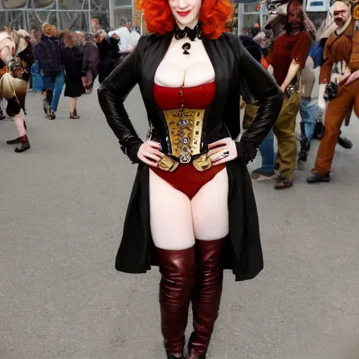 Image similar to full body photo of christina hendricks a steampunk warrior