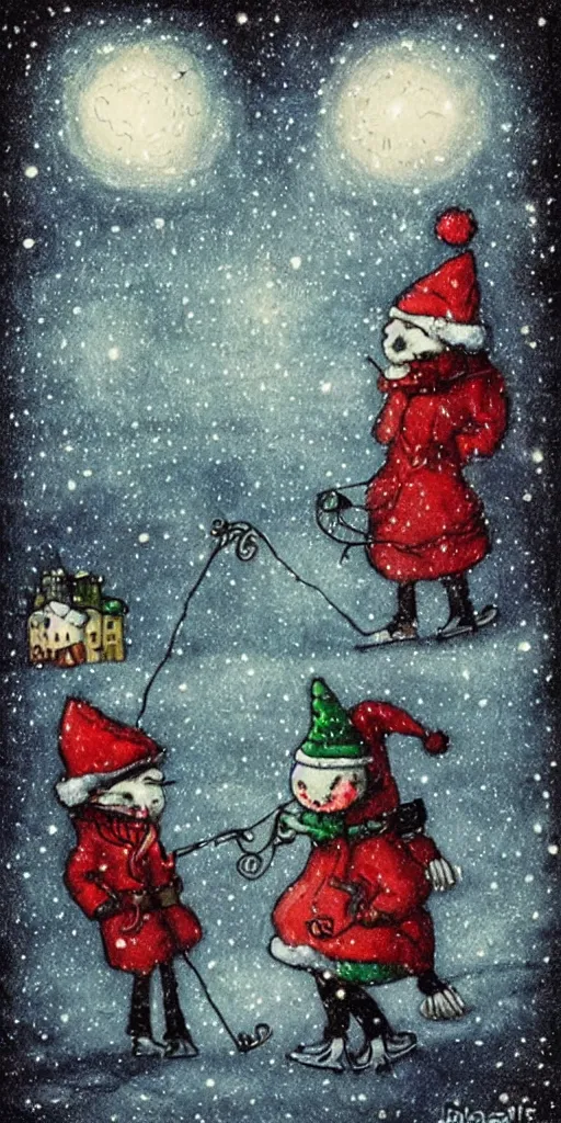 Image similar to a christmas night ice skating couples scene by alexander jansson