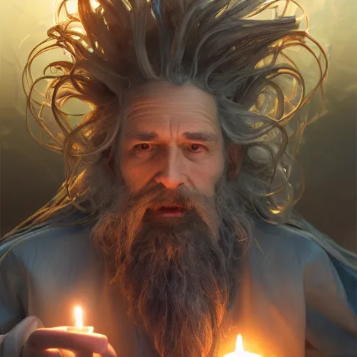 Prompt: a yound deshelved wizard with crazy hair blowing out his birthday candles, art by artgerm and greg rutkowski and alphonse mucha, concept art, octane render, unreal engine 5, highly detailed, high quality, 8 k, soft lighting, realistic face, path traced