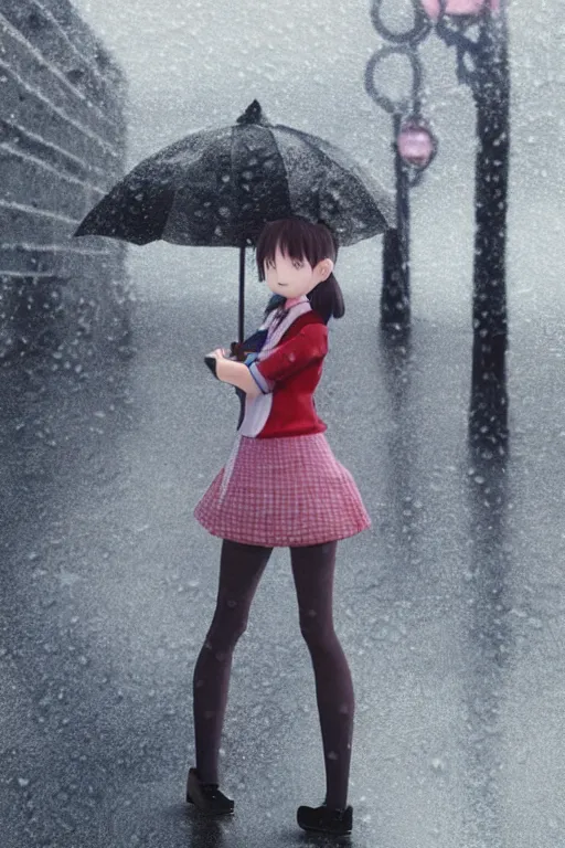Prompt: art by hayao miyazaki, by hiro kiyohara 3d octane render portrait a stern schoolgirl in Japanese maid's clothes and long stockings sits on a wet Japanese street in the rain at night, trending on artstation, anime colors, polaroid, vintage, foggy, volumetric light, cinematic render, UE 4, RTX, oil painting