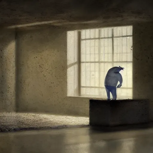 Image similar to high quality high detail painting by john salt, realistic peter griffin standing in a basement with concrete floor. light ray from a blurry window, floating dust, motion blur, gloomy, stippled walls, cinematic shot, epic, realistic, 4 k, perfectly defined features