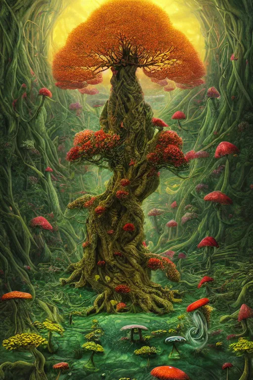 Prompt: a beautiful digital illustration painting of a detailed fantasy tree trunk and roots, psychedelic trippy mushroom, flowers by benoit b. mandelbrot, steven belledin, martin johnson heade, lee madgwick, caspar david friedrich, and david rios ferreira. 8 k resolution trending on artstation concept art digital illustration