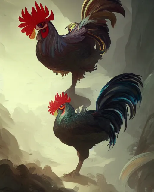 Image similar to mysterious legendary rooster, medieval village, beautiful illustration, abstract, scifi, atmosphere, top lighting, focused, artstation, highly detailed, art by yuhong ding and chengwei pan and serafleur and ina wong