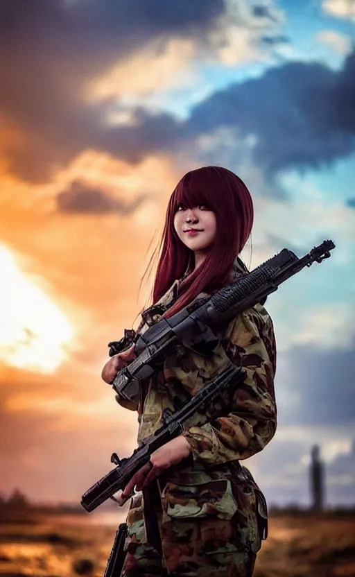 Prompt: portrait photo, highly detailed, high resolution, cosplay photo, stunning, real sunset, inspired by girls frontline, bokeh soft, 100mm, trending on instagram, by professional photographer, realistic human anatomy, smiling face, realistic military carrier, soldier clothing, modern warfare, realistic guns, cinematic shot, shot with a canon