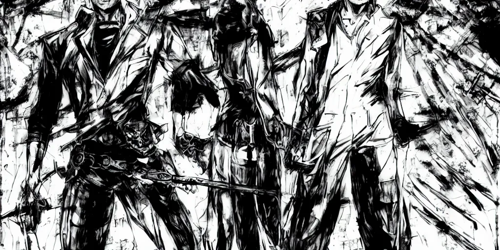 Image similar to a full - body portrait of denji from chainsaw man, in yoji shinkawa's art style, in a graveyard as a background, metal gear solid art style, manga, highly detailed, 4 k, artistic, b & w