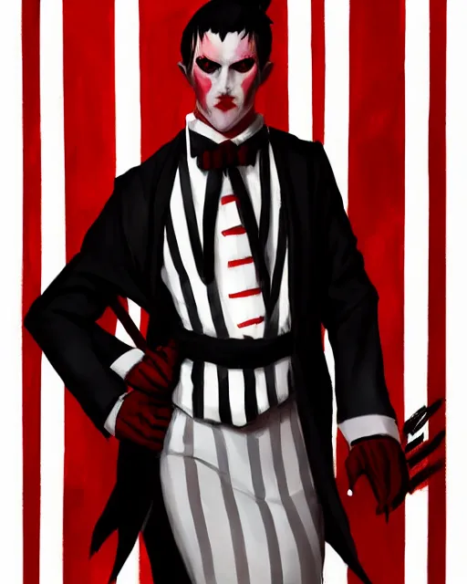 Image similar to Medium shot of Red Imp + White black striped horns + Formal outfit, in the style of greg rutkowski