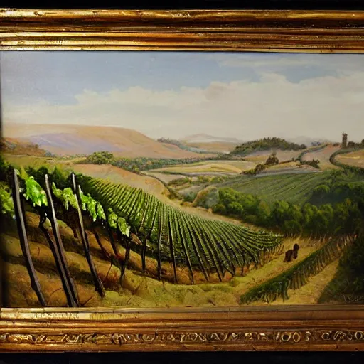 Image similar to highly detailed painting of a cliff side, at the bottom is a vineyard, in the distance you can see an ancient army with flags on the move, thick brush strokes, visible paint layers.