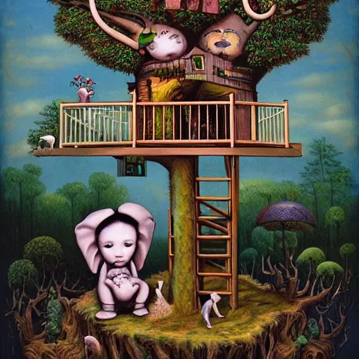 Image similar to tree house and small elephants, lowbrow surrealistic, in the style of Mark Ryden,