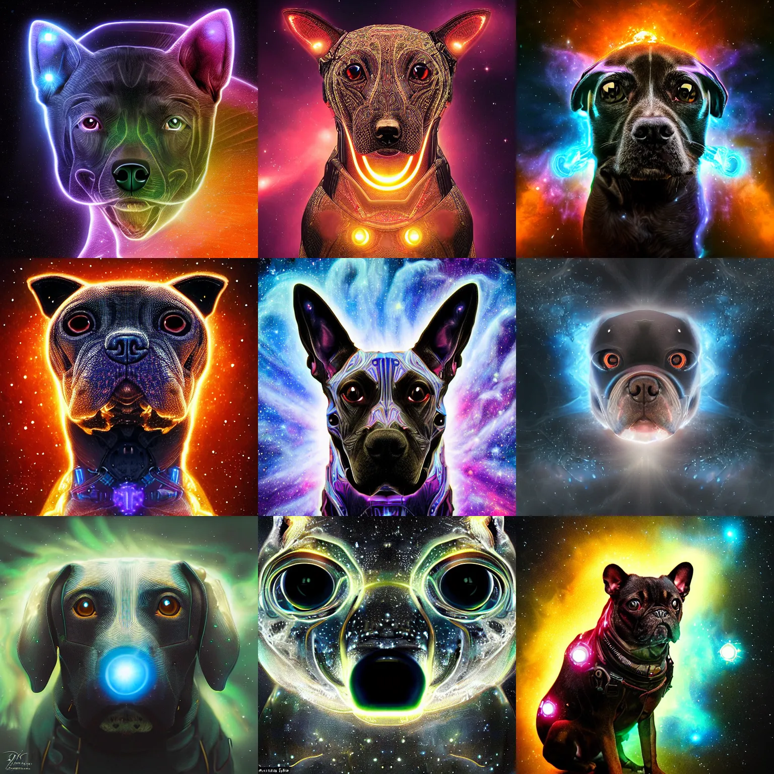 Prompt: symmetric! portrait of a cyborg dog, glowing eyes, intricate detailed, background outer space nebula, luminescent digital art by paul barson and artgerm, 8 k hdr