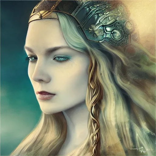 Image similar to stereo photography image of a beautiful Viking princess, full portrait, detail, lighting, by anna dittman
