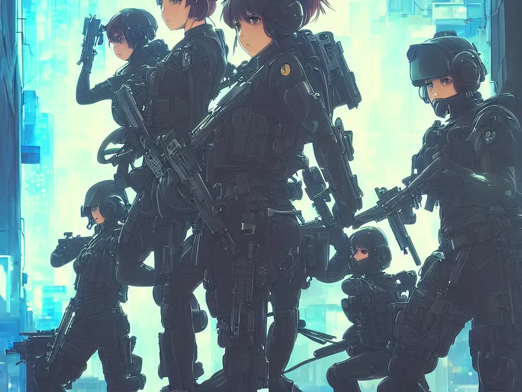 Image similar to anime key visual of a team of multiple female swat officer ready to attack, neon, cyberpunk, futuristic, stunning, highly detailed, digital painting, smooth, soft focus, illustration, movie poster, japanese typography, digital art from artstation by artgerm and greg rutkowski and alphonse mucha