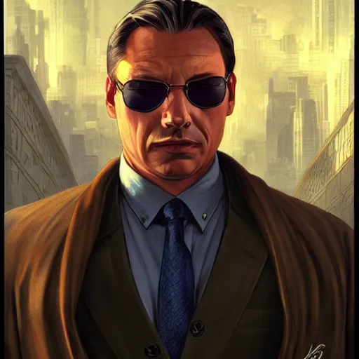 Image similar to [Viktor Orban in the movie Matrix as GTA character, closeup, D&D, intricate, elegant, highly detailed, digital painting, artstation, concept art, matte, sharp focus, illustration, art by Artgerm and Greg Rutkowski and Alphonse Mucha and Enki Bilal]