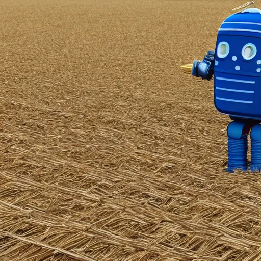 Prompt: a photo of farming droid wearing a straw hat blue overalls in the corn field, robots, humanoid, chappie, farming, photorealistic, 8 k