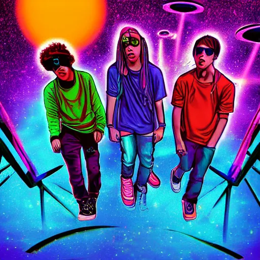 Image similar to hip teenagers enter the multiverse dimension hopper, digital art, synthwave