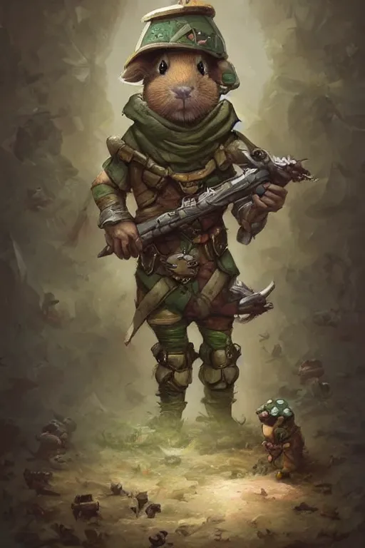 Image similar to cute little anthropomorphic Guinea Pig Soldier, tiny, small, baby animal, short, pixelated army camouflage, cute and adorable, pretty, beautiful, DnD character art portrait, matte fantasy painting, DeviantArt Artstation, by Jason Felix by Steve Argyle by Tyler Jacobson by Peter Mohrbacher, cinematic lighting