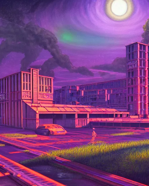 Image similar to a beautiful ultradetailed painting of empire nature industrial architecture unfinished building abandoned urbex building city by stanley spencer, nature at night neon noir evil lake uv light biopunk vaporwave universe retrowave tron, archdaily, wallpaper, highly detailed, trending on artstation.