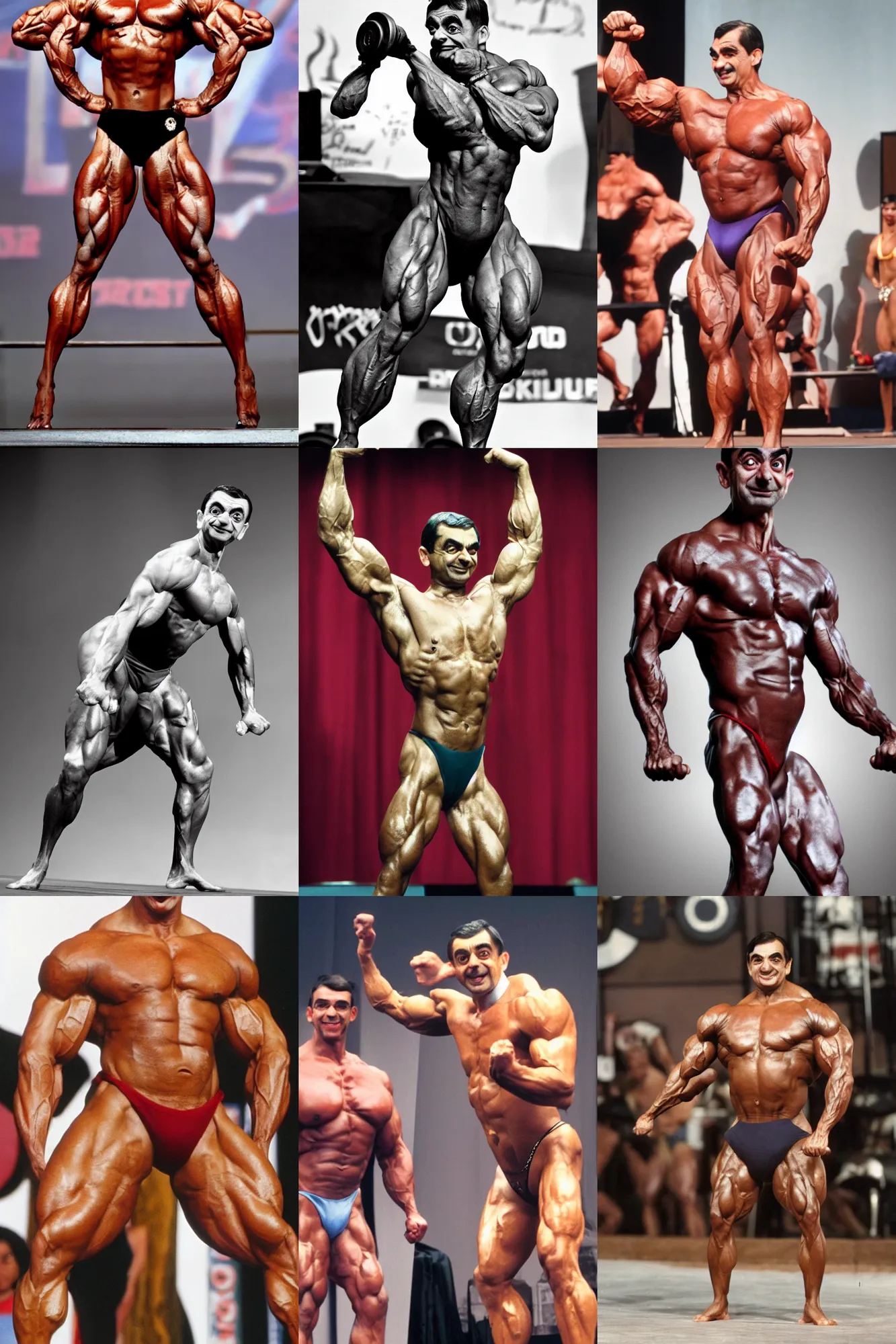 Prompt: a photograph of mr. bean mr. bean as a bodybuilder in a bodybuilding competition, bodybuilder, hyper realistic, 4k, detailed