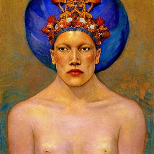 Image similar to the ocean crown, by Annie Swynnerton and Nicholas Roerich and Diego Rivera, blue skin, elaborate costume, geometric ornament, rich color, dramatic cinematic lighting, smooth, sharp focus, extremely detailed