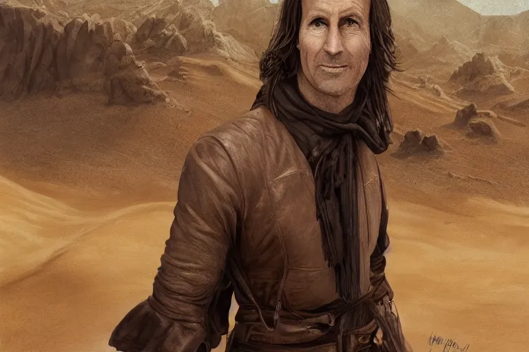 Prompt: Picture of a single wanderer in black and brown leather clothes, wandering the desert landscape, full of wonderful things, IMPORTANT: portrayed by Bob Odenkirk, detailed face features, beautiful, frontal view, realistic, visible face, , smile, low fantasy, extremely detailed, trending on artstation, artstationHD, artstationHQ, cgsociety, HD, 8K, no hat, Cinema quality, award winning shot, cinematic, no extra characters, alone, solitary character, IMAX, chiaroscuro
