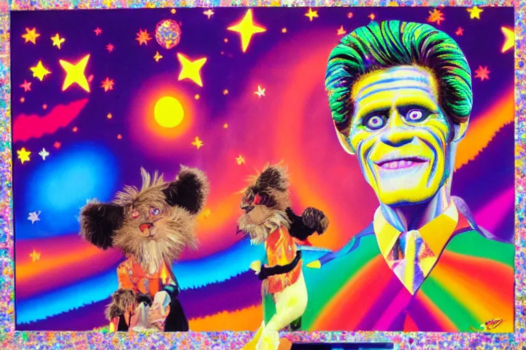 Image similar to lisa frank painting of willem dafoe at showbiz pizza 1 9 8 9