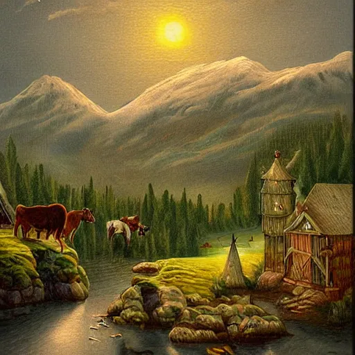 Prompt: 🌲🧙🐄🗻🌉, victorian painting