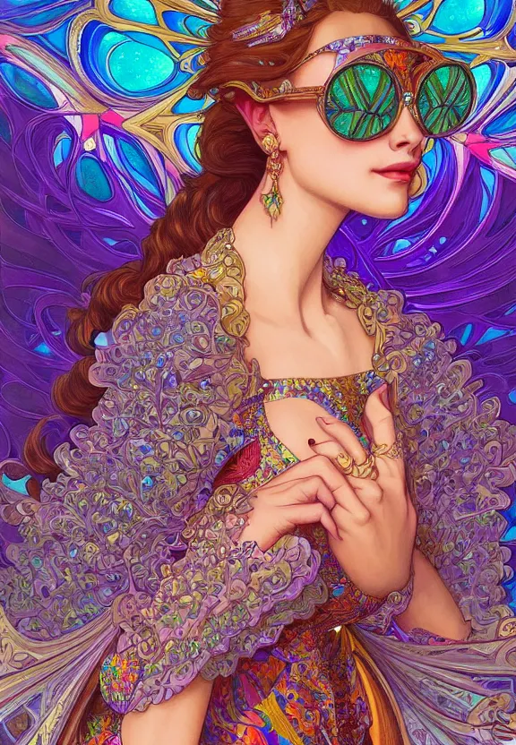 Prompt: close up of a beautiful woman wearing a kaleidoscopic psychedelic dress and sunglasses, fantasy, intricate, elegant, highly detailed, digital painting, artstation, concept art, smooth, 8 k, sharp focus, illustration, art by artgerm and greg rutkowski and alphonse mucha