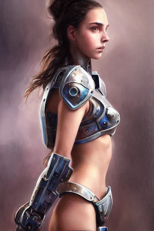 Image similar to a photorealistically painted portrait of an attractive young girl, partially clothed in cybernetic battle armor, with an abstractly painted background, flawless olive skin, fair complexion, long dark hair, beautiful bone structure, perfectly symmetric facial features, perfect photorealistic eyes, natural physique, intricate, elegant, digital painting, concept art, finely detailed, beautifully illustrated, sharp focus, minimal artifacts, volumetric lighting, from Metal Gear, by Ruan Jia and Mandy Jurgens and Artgerm and William-Adolphe Bouguerea, in the style of Greg Rutkowski, trending on Artstation, award winning art