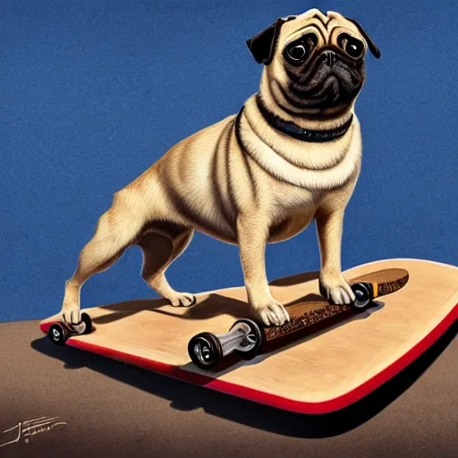 Image similar to a pug dog sitting on top of a skateboard, a digital painting by jeffrey smith, featured on cg society, digital art, digital painting, sketchfab, digital illustration