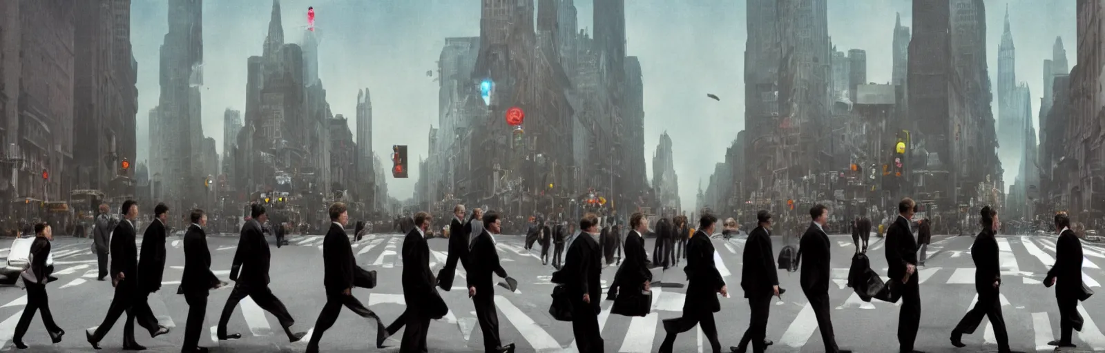 Image similar to People crossing the street from the movie Inception by Christopher Nolan, recursive intersections, surreal, photograph, highly detailed, high evolution, legendary, smooth, sharp focus, dynamic lighting, 4k, by Rene Magritte