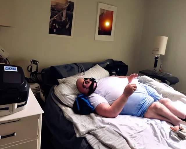 Image similar to very fat man connected to a cpap machine. messy bedroom