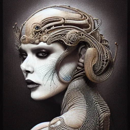 Image similar to a 3 d stone render portrait of a cyborg machina - nymphette by tony diterlizzi and h. r giger, ilford hp 5, 5 5 mm, hyper realistic, hyper - mechanistic by artgerm, tomasz alen kopera, peter mohrbacher, hyper - goth, horror - core, joseph christian leyendecker