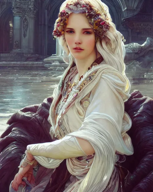 Prompt: a beautiful close up portrait of a female white knight sitting with elegant looks, flowing cape, ornate and flowing, intricate and soft by ruan jia, tom bagshaw, alphonse mucha, krenz cushart, beautiful roman architectural ruins in the background, epic sky, vray render, artstation, deviantart, pinterest, 5 0 0 px models