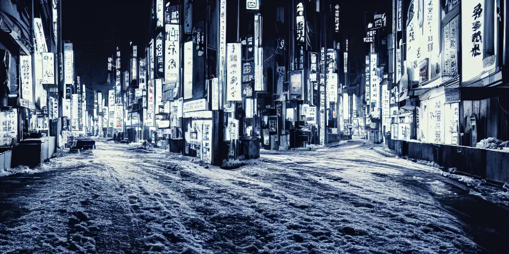 Prompt: a city street at night, snowing, photograph, cyberpunk, sharp focus, intricate detail, Desolate, drone shot, high resolution, 8k, neon streetlights, wires hanging down everywhere, Japan