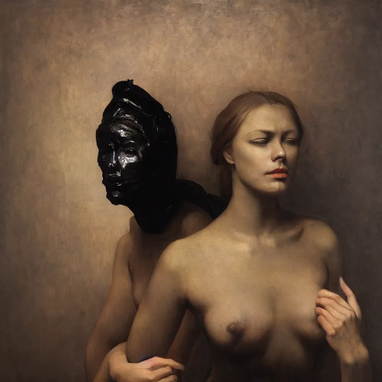 Image similar to The portrait of beautiful woman with closed eyes in steel full-face occult mask and black dress by Ilya Repin, William Blake, Michelangelo da Caravaggio and Beksinski, highly detailed oil painting, Beinart Gallery, Arcadia gallery, trending by artstation, dramatic volumetric lighting, fantasy character, 4k, masterpiece