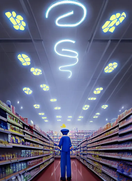 Prompt: portrait of a depressed supermarket worker in a countdown nz uniform, intricate, elegant, glowing lights, highly detailed, digital painting, artstation, concept art, smooth, sharp focus, illustration, art by wlop, mars ravelo and greg rutkowski