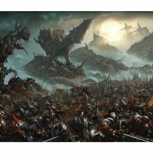 Prompt: wide landscape shot of warhammer orcs fighting pirate vampires, trending on artstartion