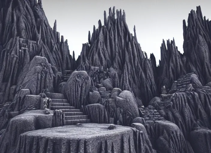 Image similar to the mines of moria. dwarven architecture carved out of the interior of a mountain. light from rivers of molten iron. immense open cavern with many levels of walkways spanning the void, stairs. drums in the deep. kingdom of dwarves. statues, geometric knot carvings, squared basalt support columns, photorealistic, 8 k, octane render