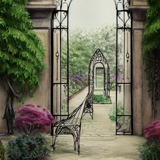 Image similar to delicate portrait, symmetric artwork, chairs, garden, paved, botanic watercolors, iridescent, 8 k, realistic shaded, fine details, artstation, italian, iron gate, tree, mediterranean, marvelous