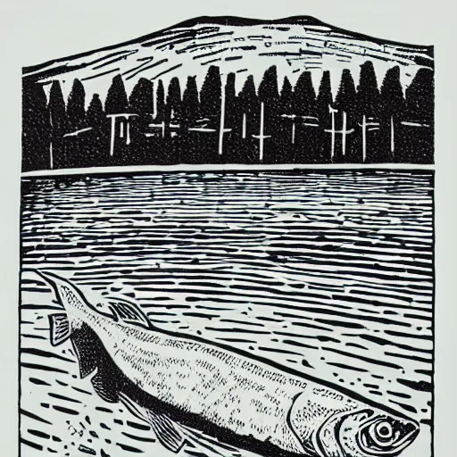 Prompt: linoprint of a salmon breaking ice on the river ex libris