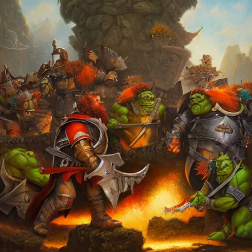 Image similar to knights vs orcs, oil painting by justin gerard, deviantart