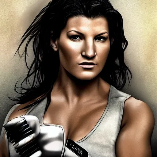 Prompt: beautiful digital painting of gina carano with a cybernetic arm, highly detailed, hyperrealism