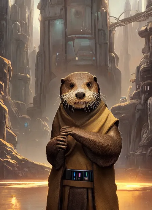 Image similar to portrait, anthropomorphic otter fursona wearing Jedi robes in a futuristic river town. Dramatic lighting, cinematic, establishing shot, extremely high detail, photo realistic, post processed, artstation, matte painting, style by eddie mendoza, raphael lacoste, alex ross