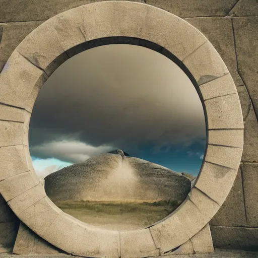 Image similar to stargate made of stone that form a circle, cinematic view, epic sky