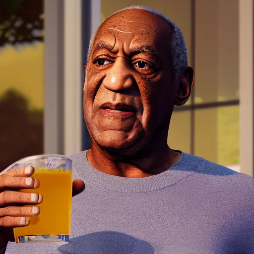 Image similar to bill cosby holding a drink in the sims 4, movie still, cinematic lighting, dramatic, octane render, long lens, shallow depth of field, bokeh, anamorphic lens flare, 8 k, hyper detailed, 3 5 mm film grain