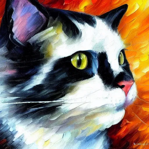 Prompt: painting of a black and white cat in a lab coat by Leonid Afremov